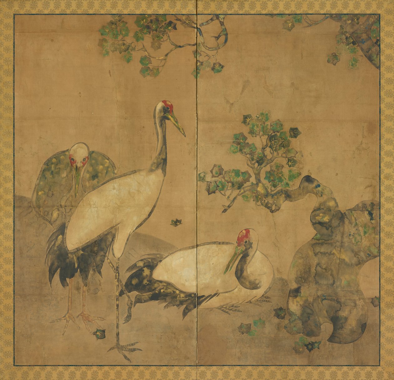 木の下の 3 羽の鶴、江戸時代、1615 ～ 1868 年。 作： 不明