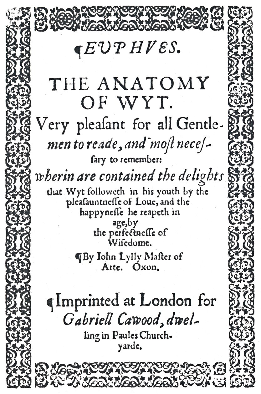 John Lylys EuphuesまたはThe Anatomy of Witのタイトルページ、初版、1579、1942。 作： 不明