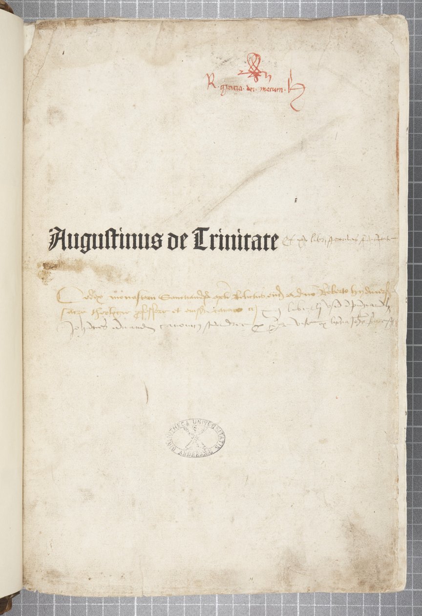 ヒッポのアウグスティヌスが書いた『De trinitate』と『De Civitate Dei cum commento』のタイトルページ（紙にペンとインク）。 作： 不明
