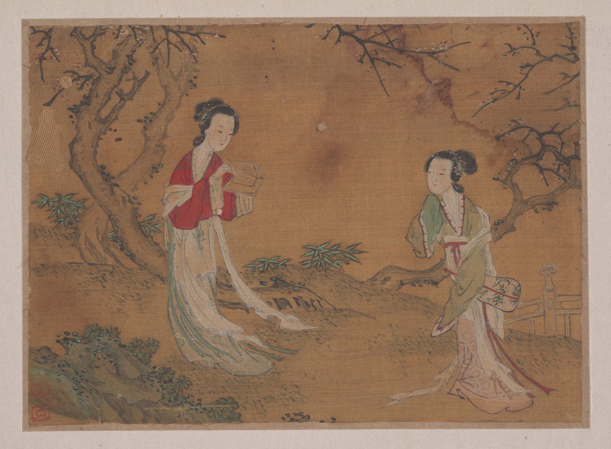 風景の前景に 2 人の女性。 作： 不明
