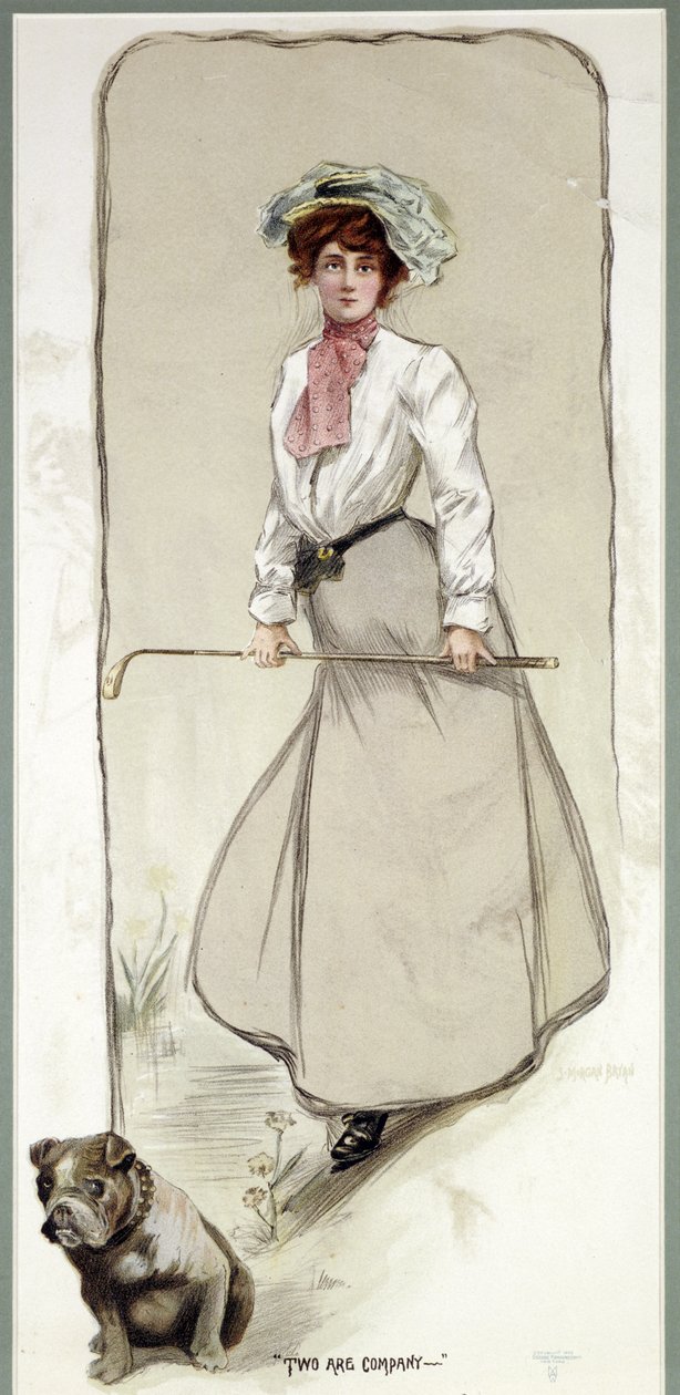 「Two are Company」、犬を連れた女性ゴルファー、c1900 作： 不明