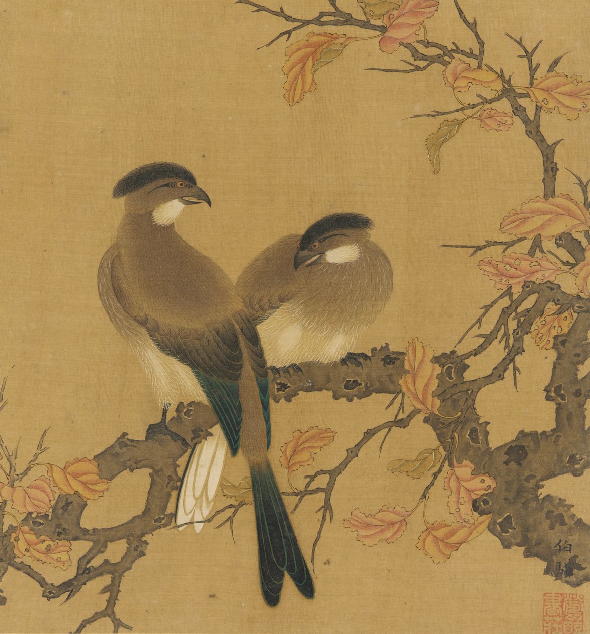 枝に 2 羽の紋付きの鳥、紅葉、清王朝、18 世紀。 作： 不明