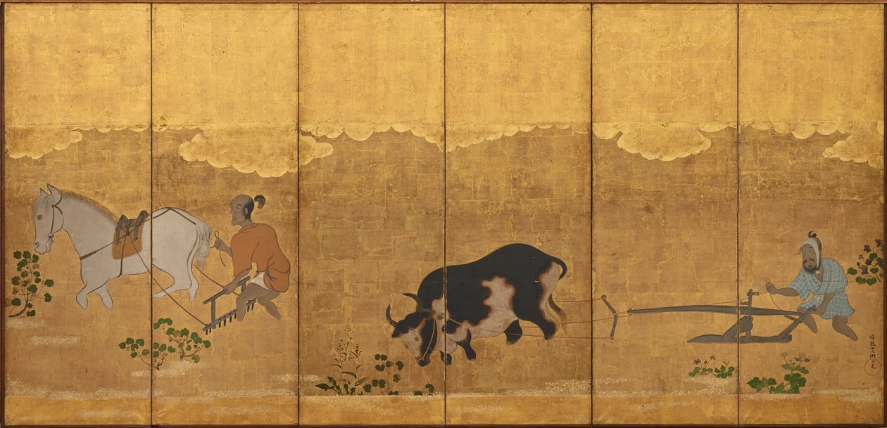 田んぼを耕し、荒廃させる 2 人の農民、江戸時代、1615 ～ 1868 年。 作： 不明