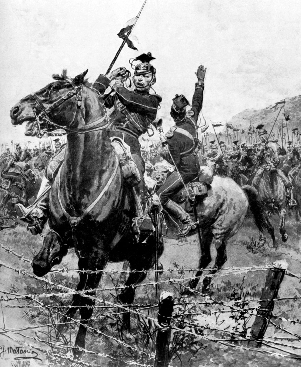 1914年の第一次世界大戦、ベルギーのリエージュの近くで有刺鉄線によってチェックされたウーラン 作： 不明