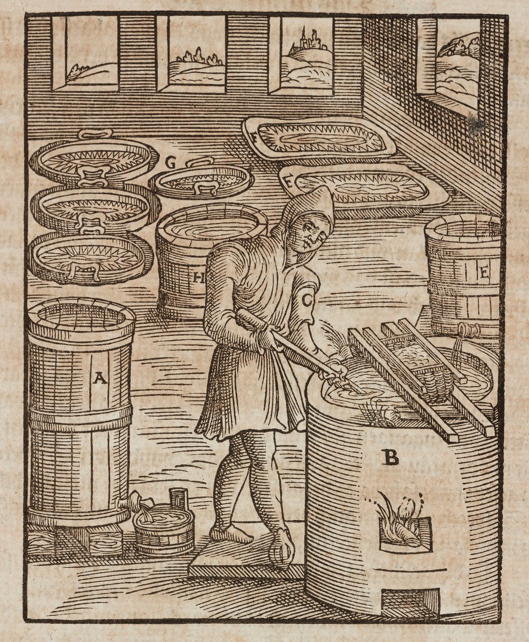 火薬や肉の保存に使われるサルペトルをテストする男性 - Lazarus Eckerの「Description des minerais et des principales methodes d