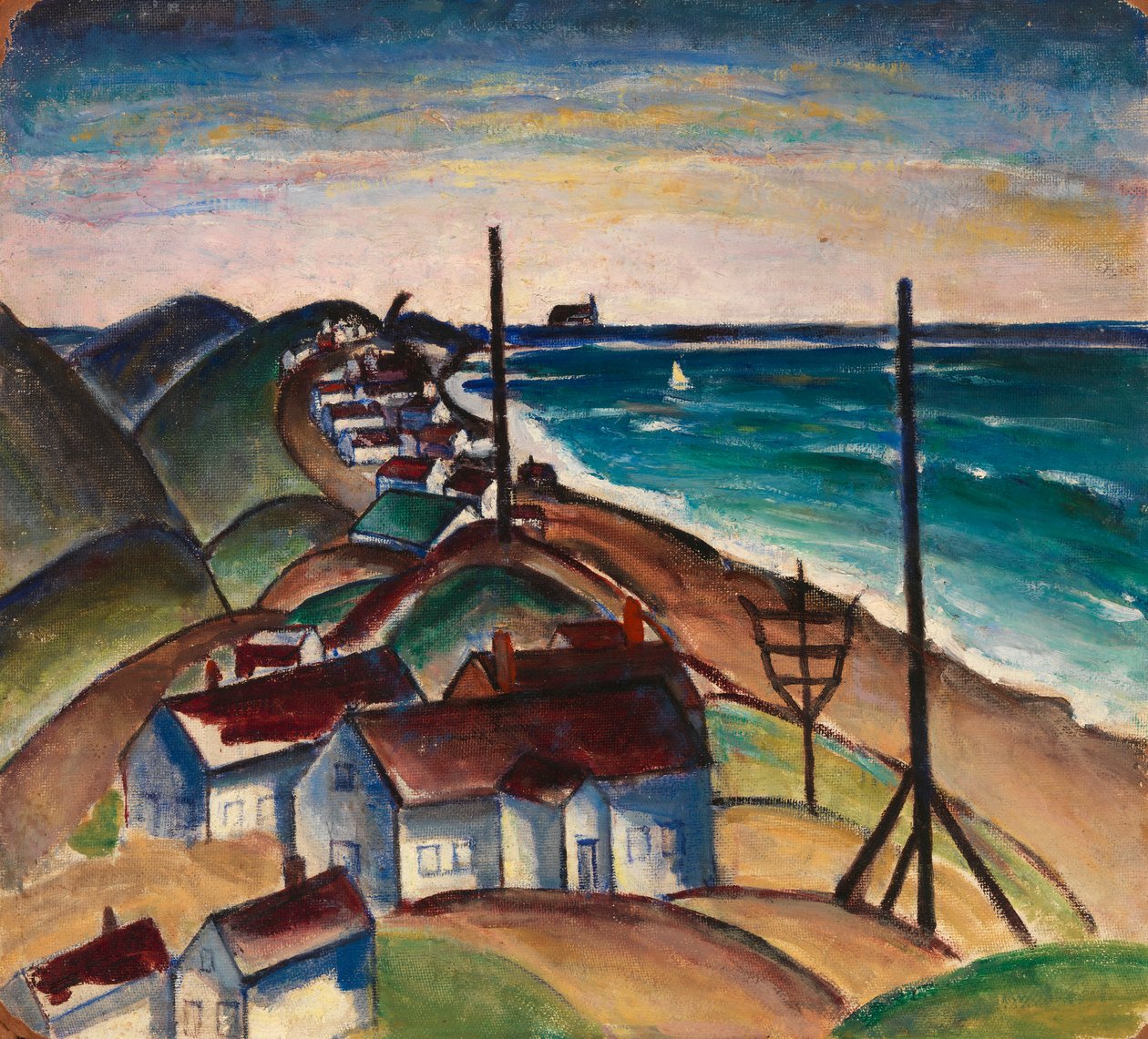 ビーチの家と無題の海の風景。 作： 不明
