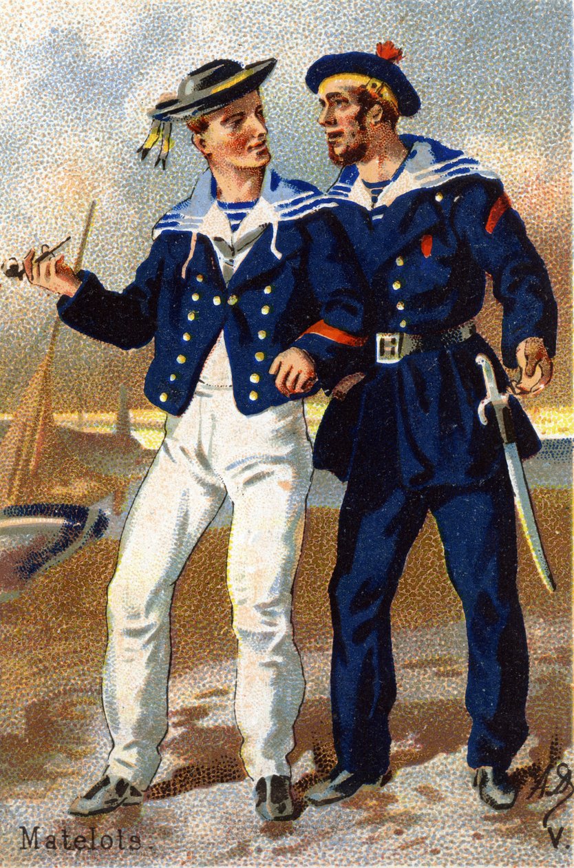 V: Seamen.ミリタリー・アルファベット」のエングレーヴィング。絵師のイニシャル。A. D. 出版社は不明。19世紀末のクロモリトグラフ。寸法：10,5x7cm . 作： 不明