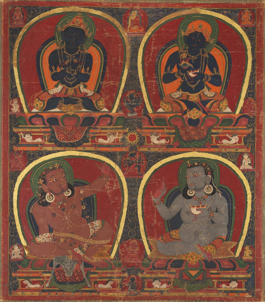 Vajradhara、Nairatmya、およびMahasiddhas VirupaおよびKanha、c。 1450。 作： 不明