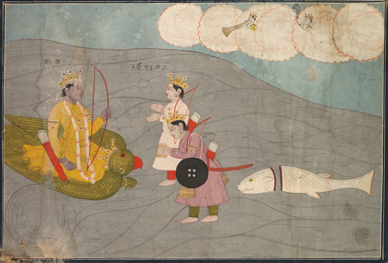Vanasuras Sonsがクリシュナに提出：クリシュナリラのAniruddha Ushaセクションのシーンc。 1840。 作： 不明