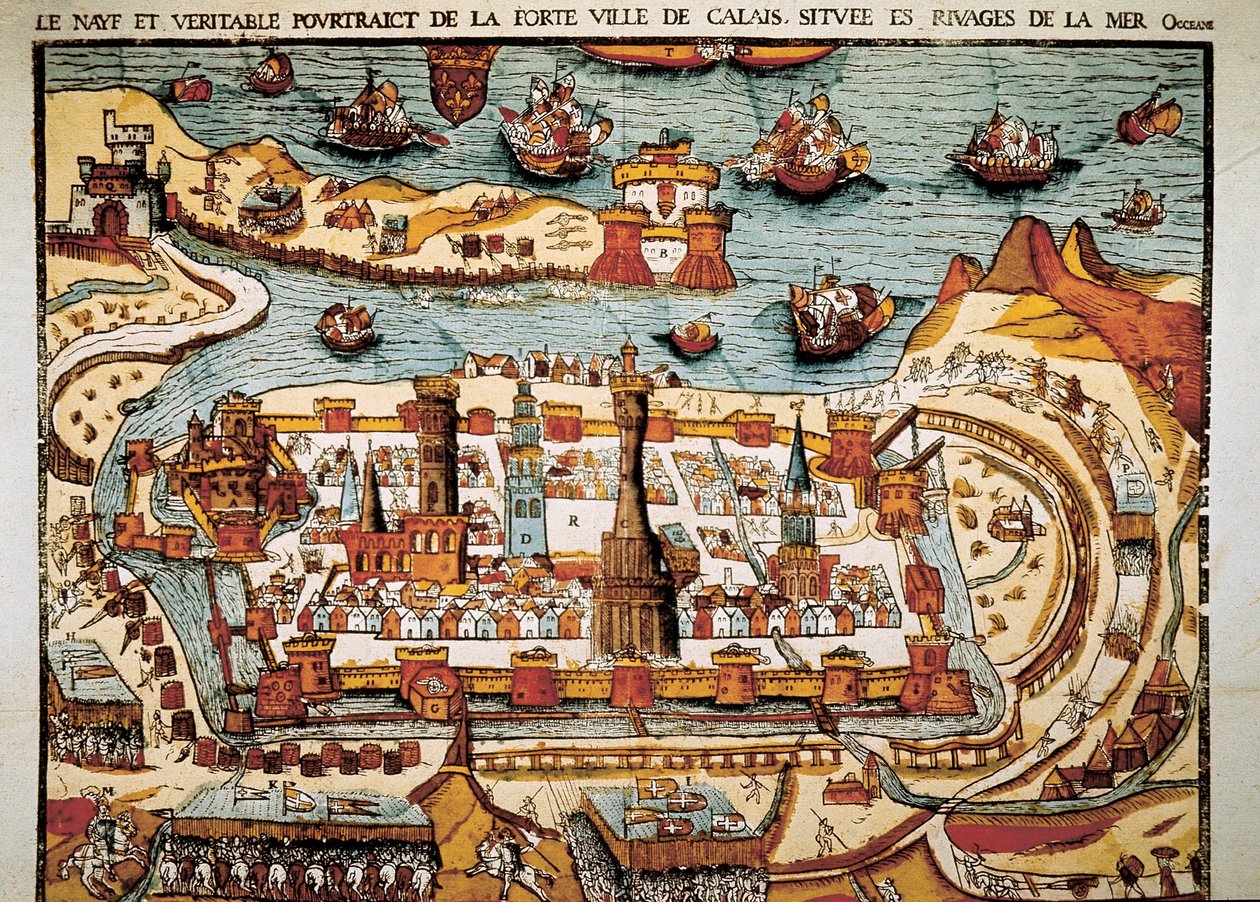 1538年のカレーの街の風景。キシログラフィー。 作： 不明