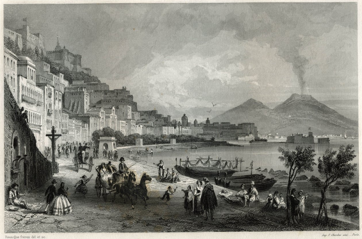 19世紀、フランスのジャーナリストであり旅行家でもあったルイ・エノー(1824-1900)の地中海に関する本に掲載されたナポリの港と街の風景。 作： 不明