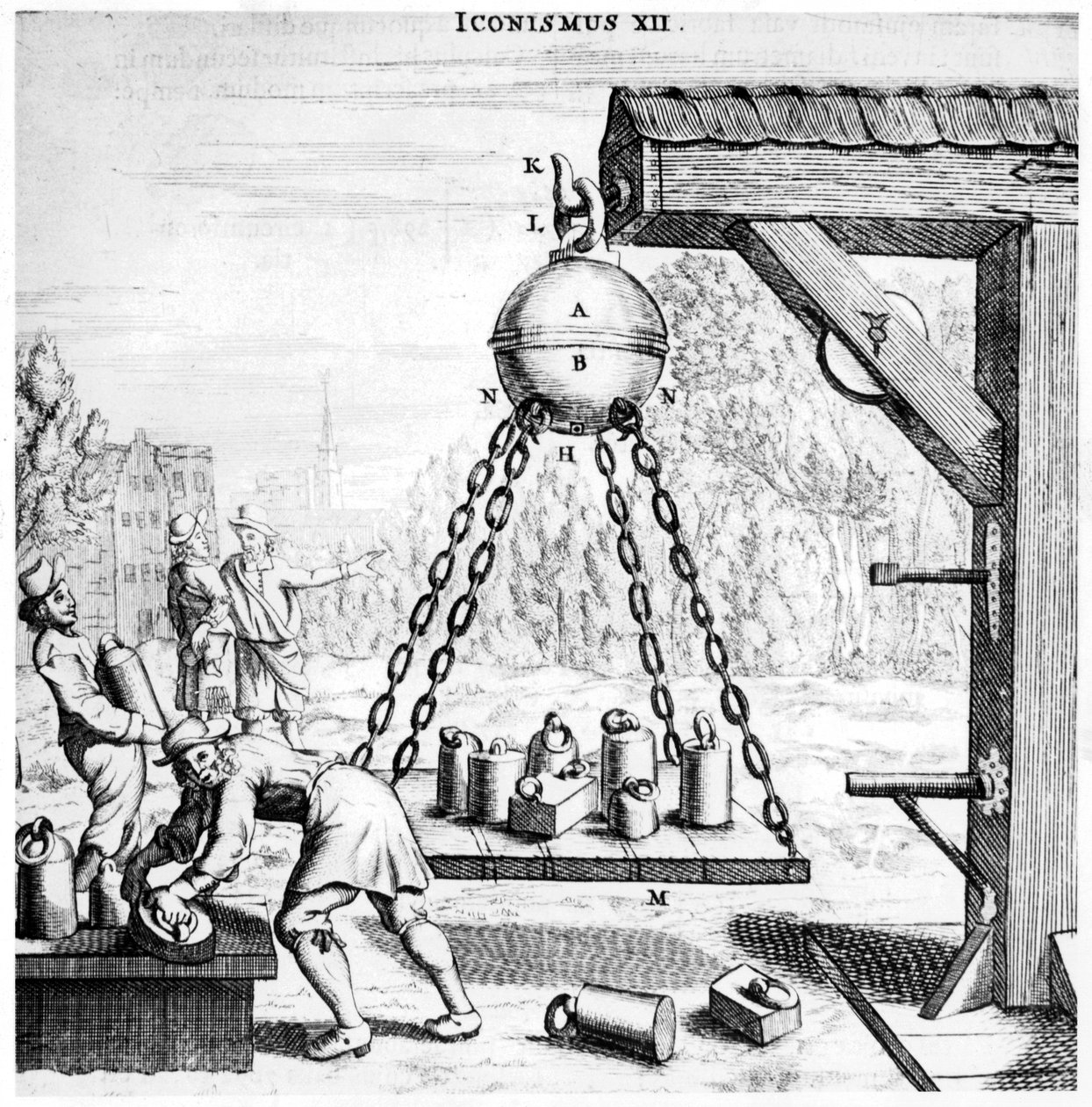 フォンゲリケス、1672年に気圧の威力を実証 作： 不明