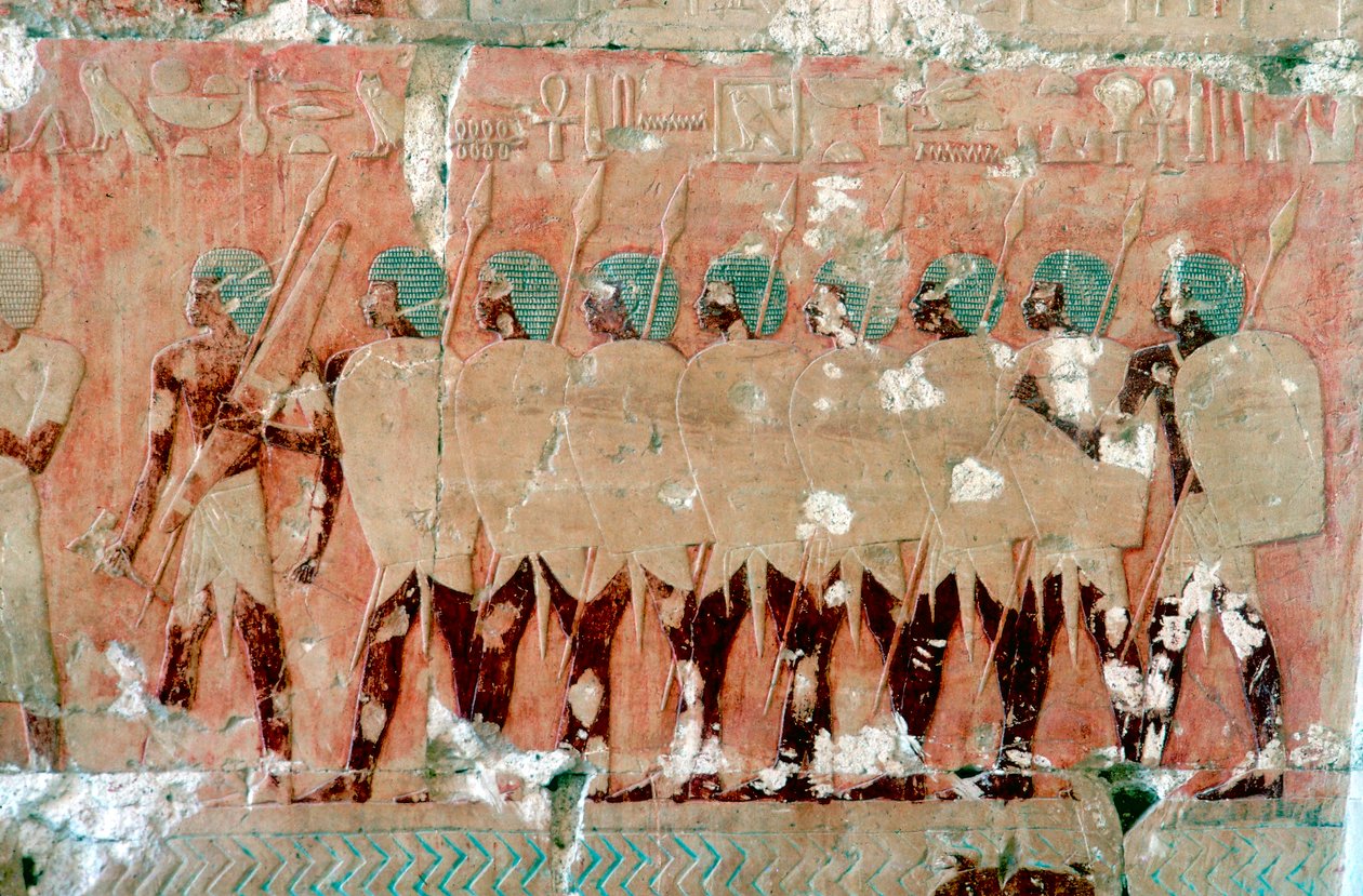 遠征中のエジプト兵の壁画、ハトシェプスト女王の神殿、ルクソール、紀元前 1470 年頃 作： 不明