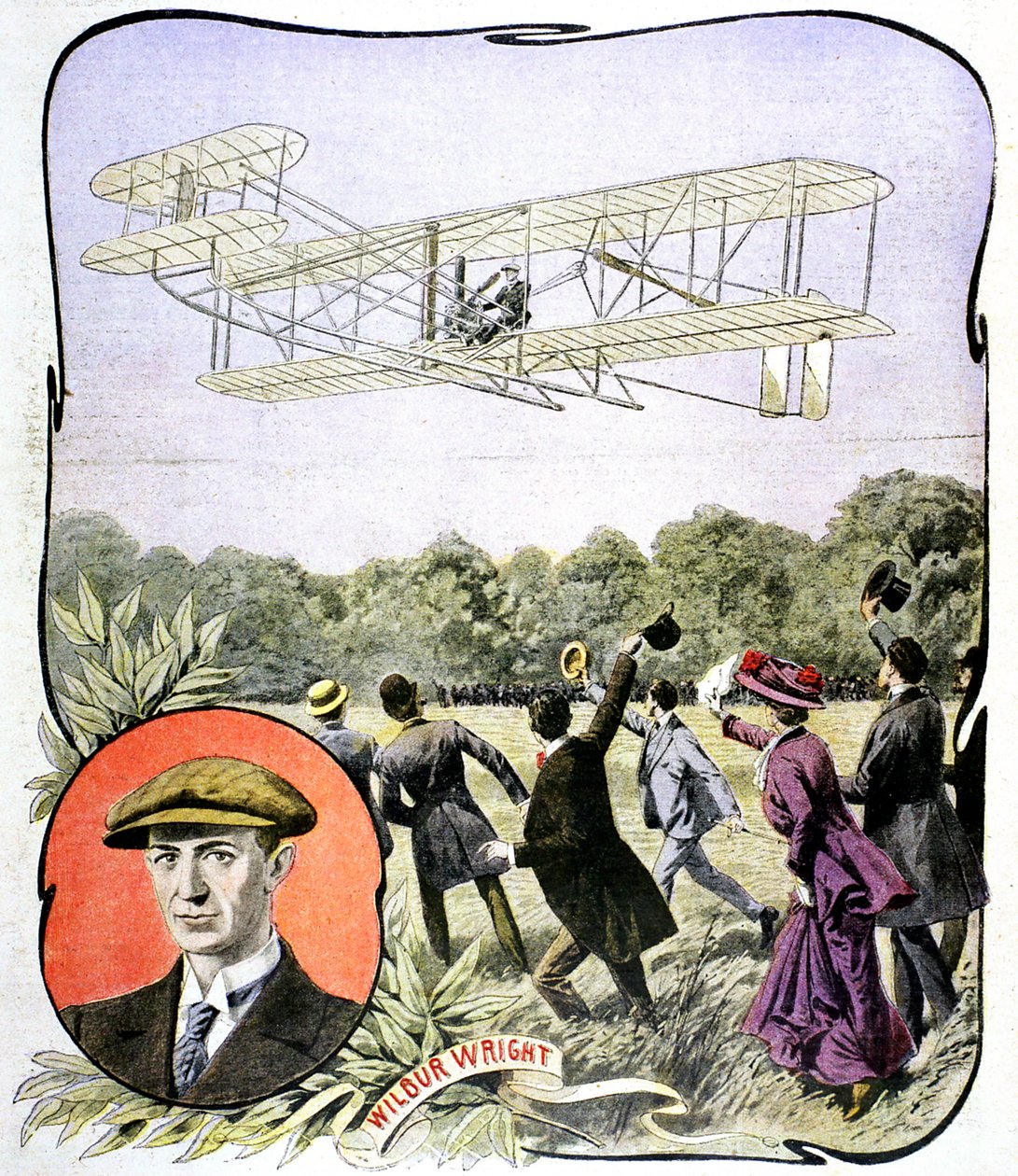 1908年フランス、ルマン近くのハノディエール競馬場でヨーロッパでウィルバーライツが初飛行 作： 不明