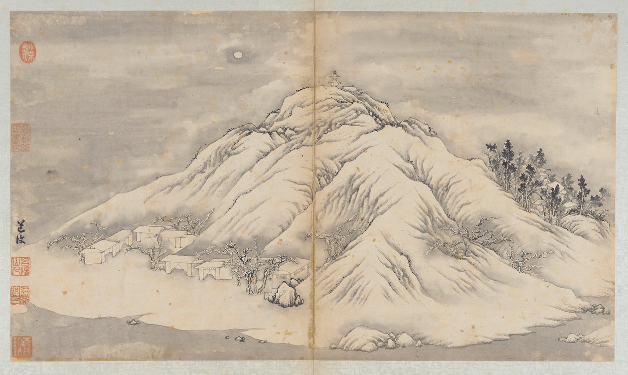 冬の風景: 月明かりに照らされた丘と建物、清王朝、18 世紀。 作： 不明