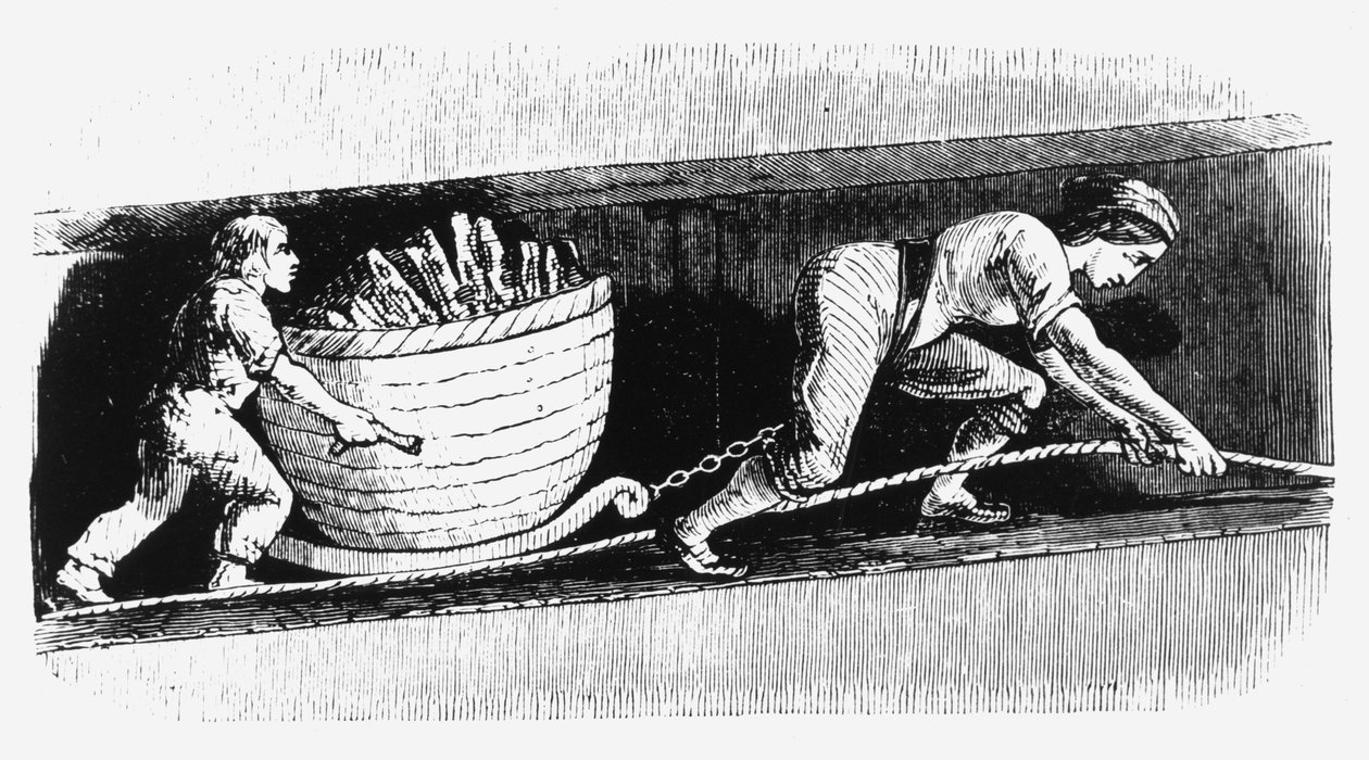3〜4 cwtの石炭が含まれるカーブを描く女性と少年、ボルトン、ランカシャー、1848 作： 不明