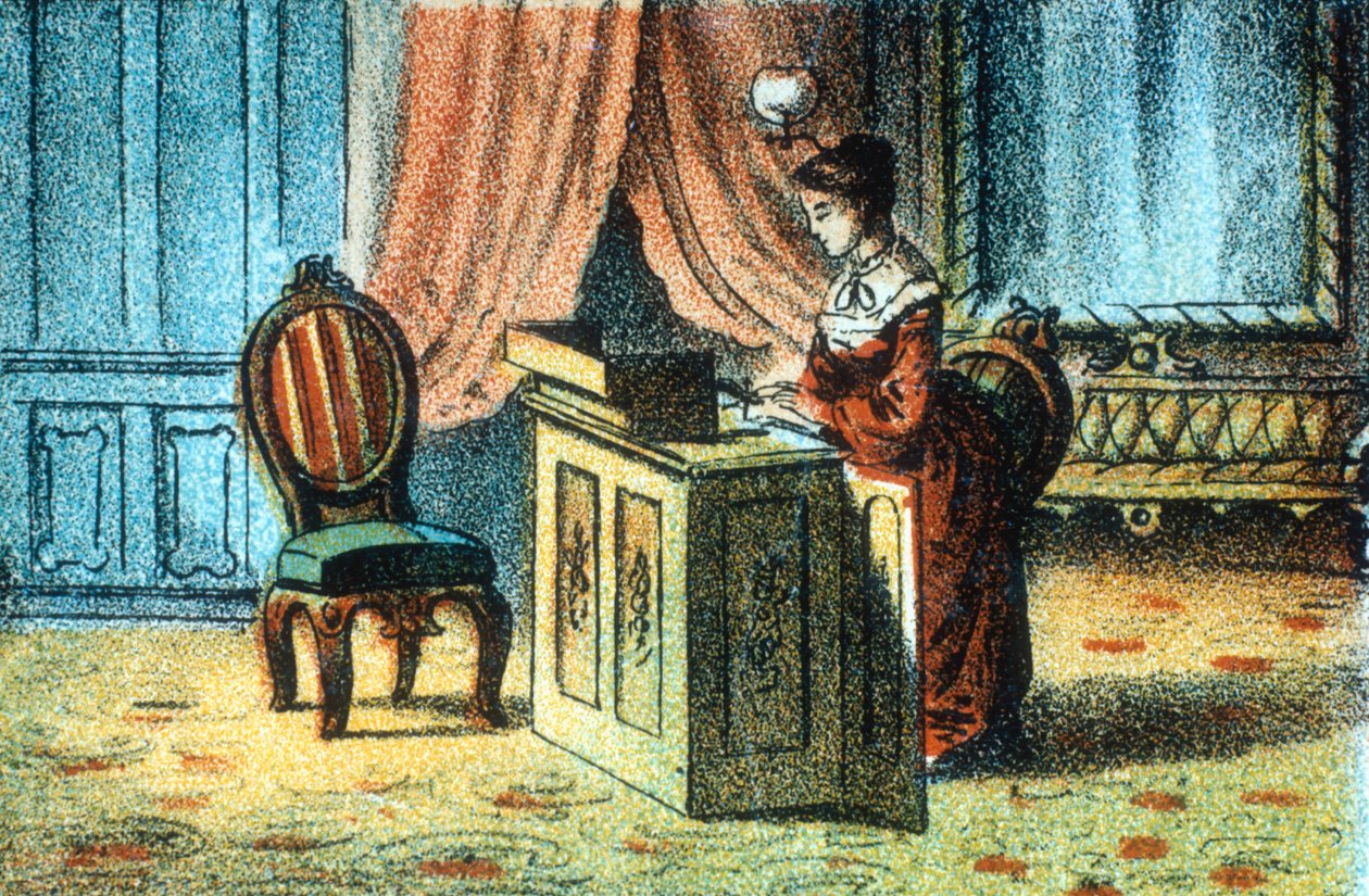エリアスハウが特許を取得したミシンを使用している女性[c1878] 作： 不明