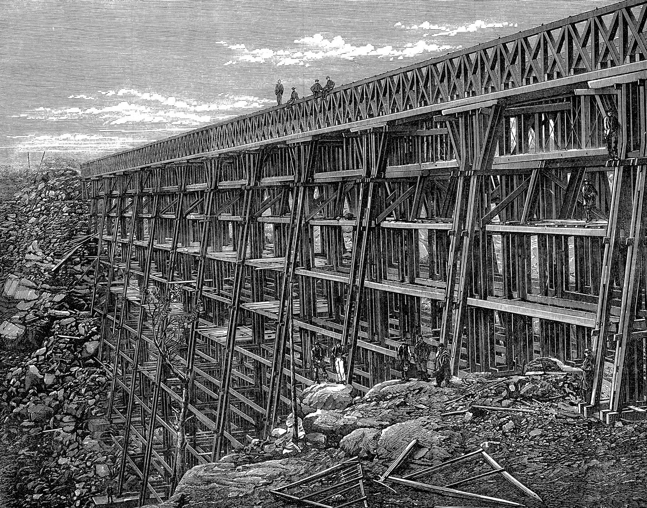 ユニオンパシフィック鉄道、木製の架台橋、デイルクリーク、ワイオミング州、アメリカ合衆国、1869 作： 不明