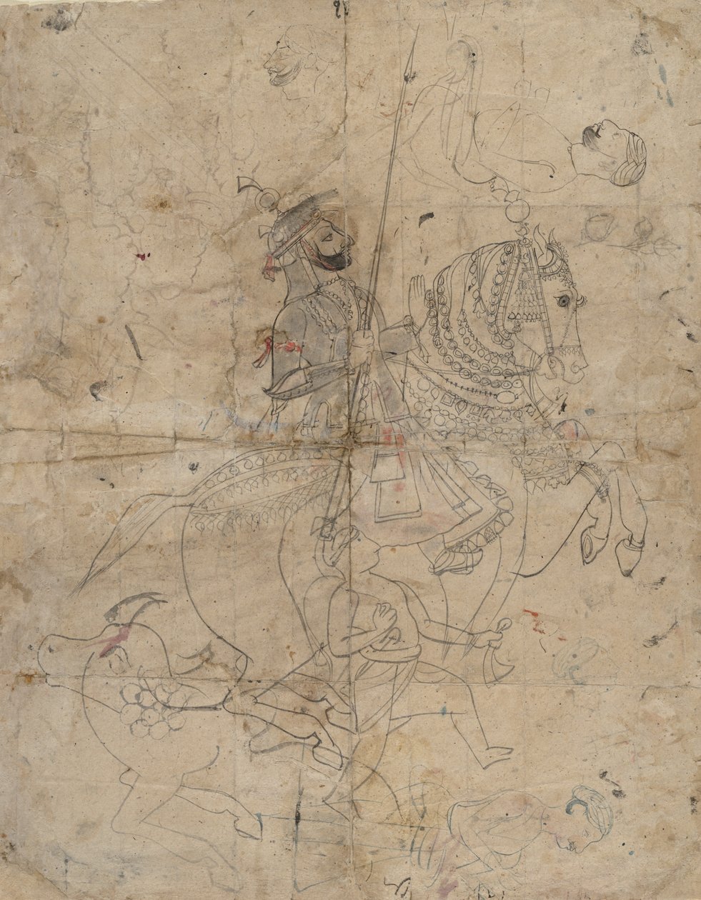 Brijnathanji と Swamini recta の礼拝、馬術の肖像画、K. 1800。 作： 不明