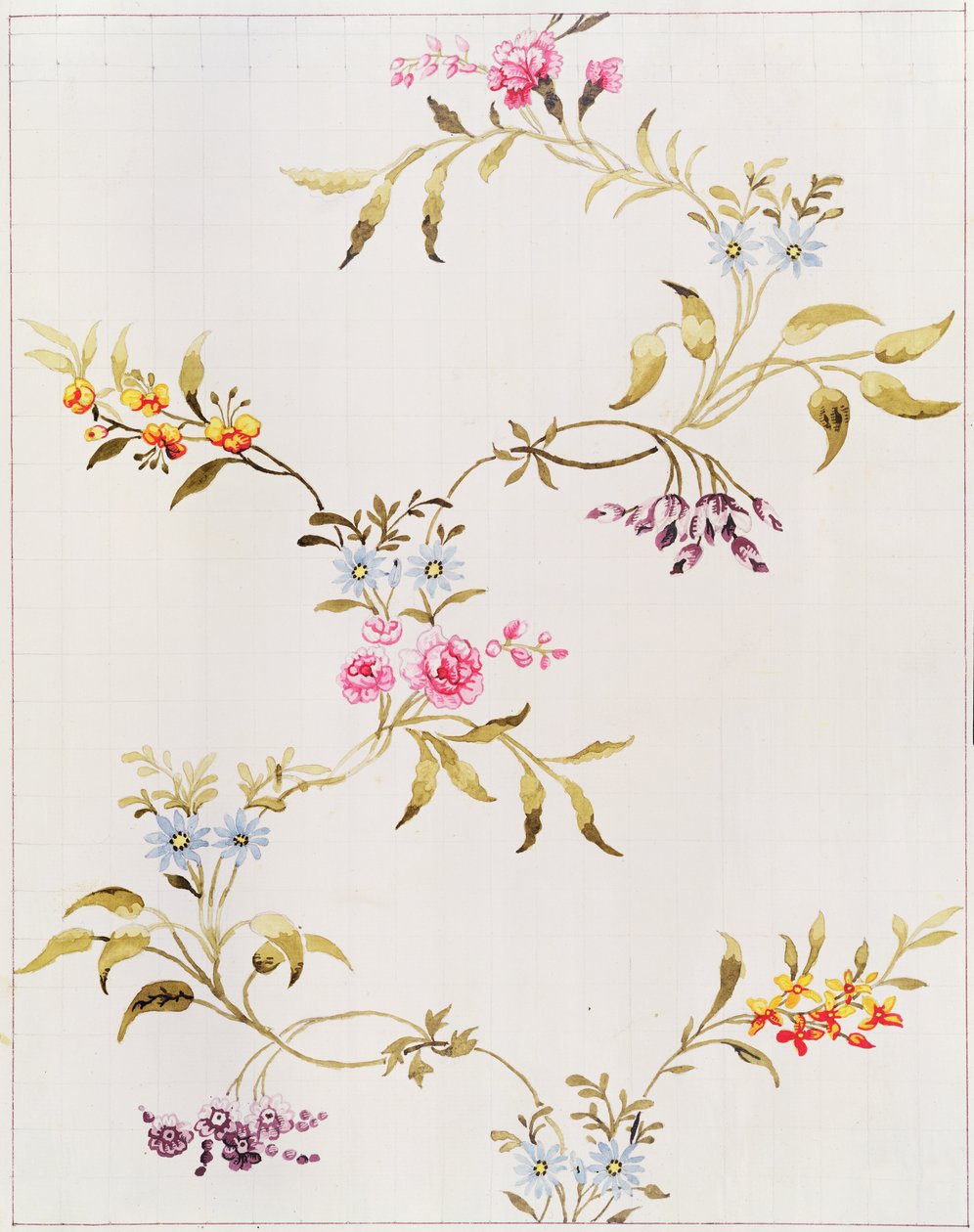 スピタルフィールズで織られるシルク素材のカーネーションとバラの花のデザイン、Anna Maria Garthwaite（1690-1763）、1744（紙にWC、転写用に四角） 作： 不明不明