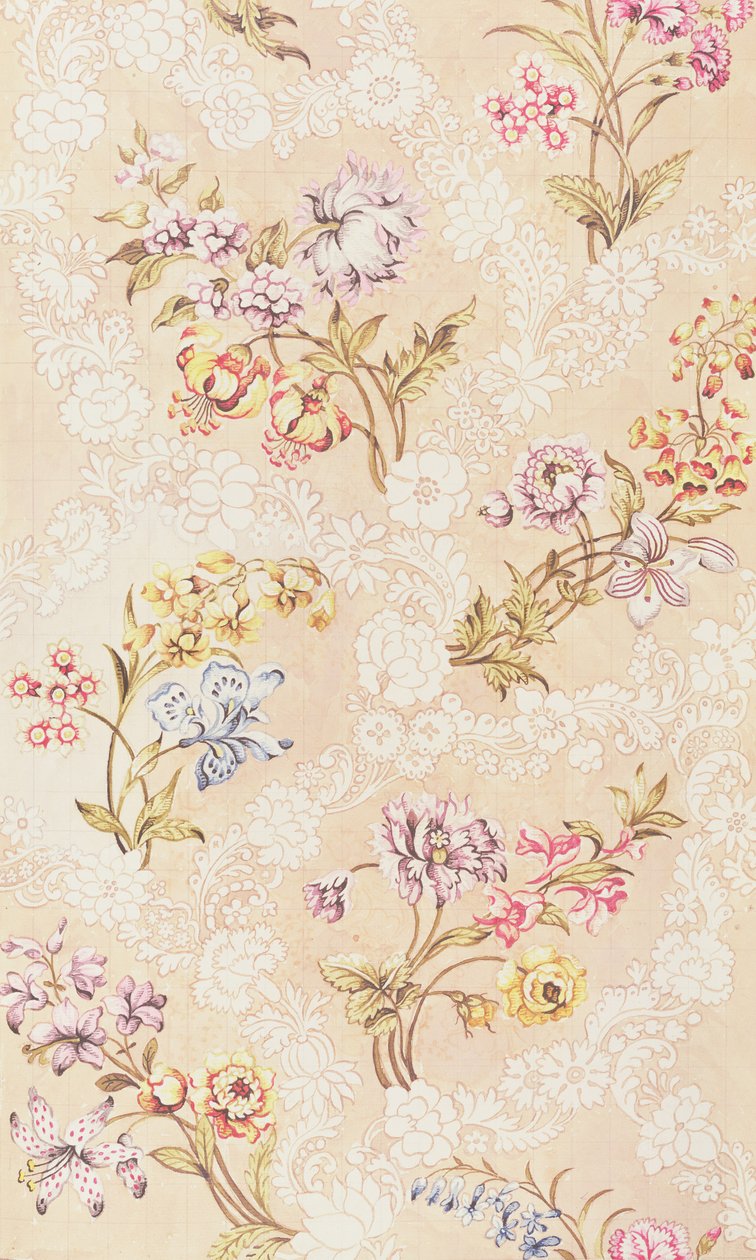 スピタルフィールズシルク用の牡丹、ユリ、バラのある花柄、アンナマリアガースウェイト作（1690-1763）、1744 作： 不明不明