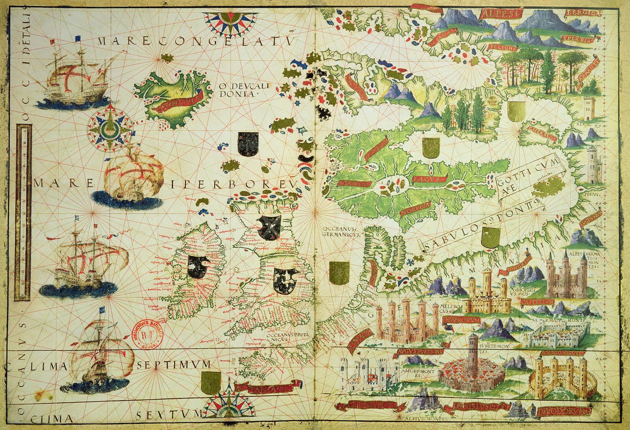 1519年に作成されたPedroとJorge Reinelによる「Miller Atlas」の複製、およびLopo Homemからのヨーロッパの地図 作： 不明不明