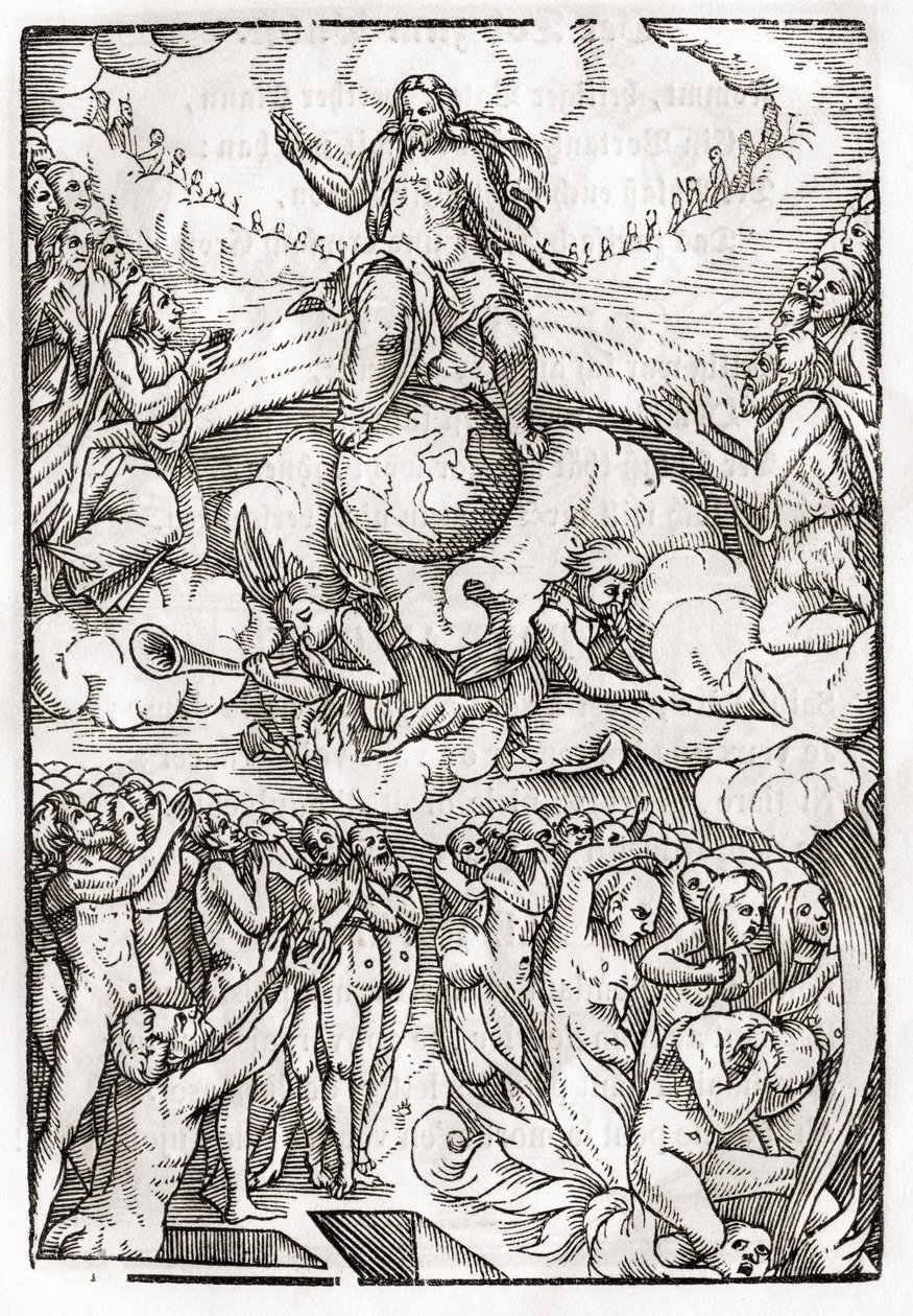 「Der Todten Tanz」からのハンスホルバイン（149798-1543）年下者の木版画に基づく最後の審判、バーゼル発行、1843年 作： 不明不明