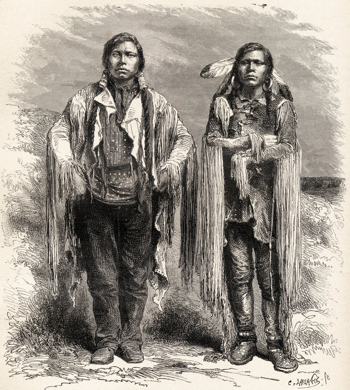 チャールズラプランテ（d.1903）によって彫刻された2つのUteインディアン、「手の中の世界」のイラスト、1878年公開 作： 不明不明