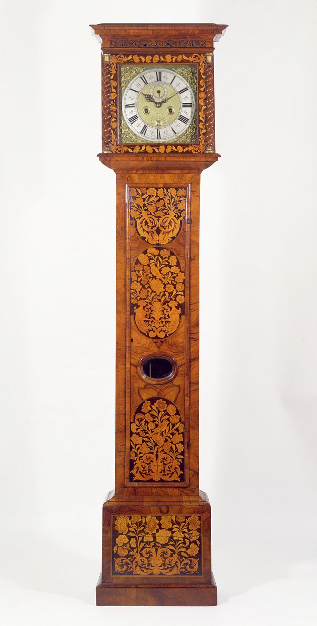 ウォルナットパネルの寄木細工のロングケース時計、James Clowes（fl.1671-89） 作： 不明不明