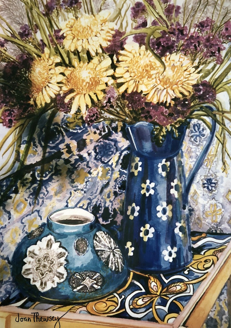 青と青-イタリアのタイルに描かれた菊と青のエナメル水差し 作： 不明不明