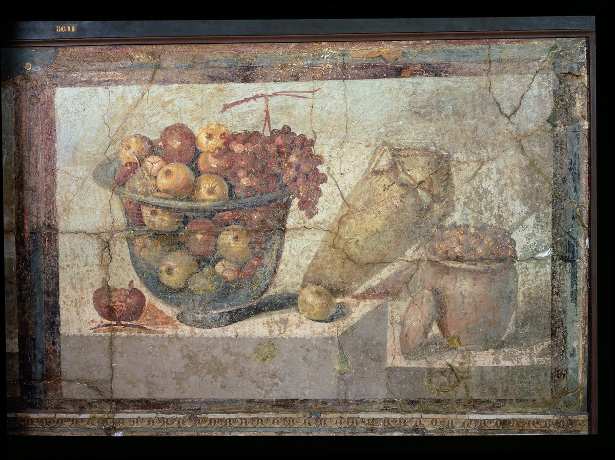 「Casa di Giulia Felice」の果物とワインの瓶のある静物 作： 不明不明
