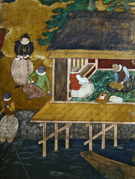 南蛮屏風のスクリーンからの日本ポルトガル人の到着、高床式の家の詳細、1594-1618 作： 不明不明