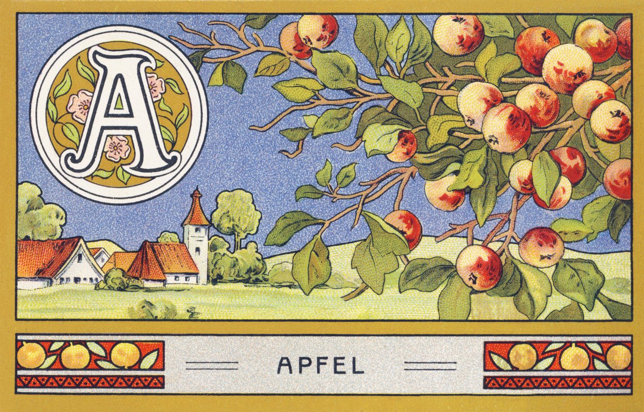 A: アップル - アルファベット パルミネ。 H. Schlinck & Cie 編の一連の chromolithography、Hamburg、p. d. . パルミンの最高級ココナッツ脂肪の広告。 寸法：7×11cm 作： 無名の画家