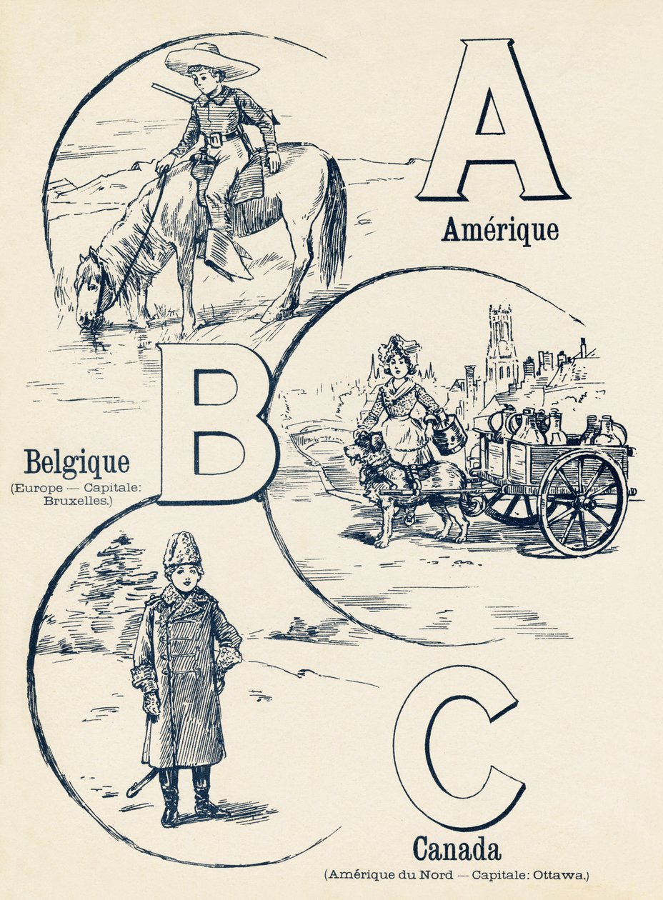 A B C : アメリカ、ベルギー、カナダ、二つの世界のABC。1900年頃、パリで出版されたエミール・ゲランの作品。寸法 : 27,5 x 21,5 cm 作： 不明