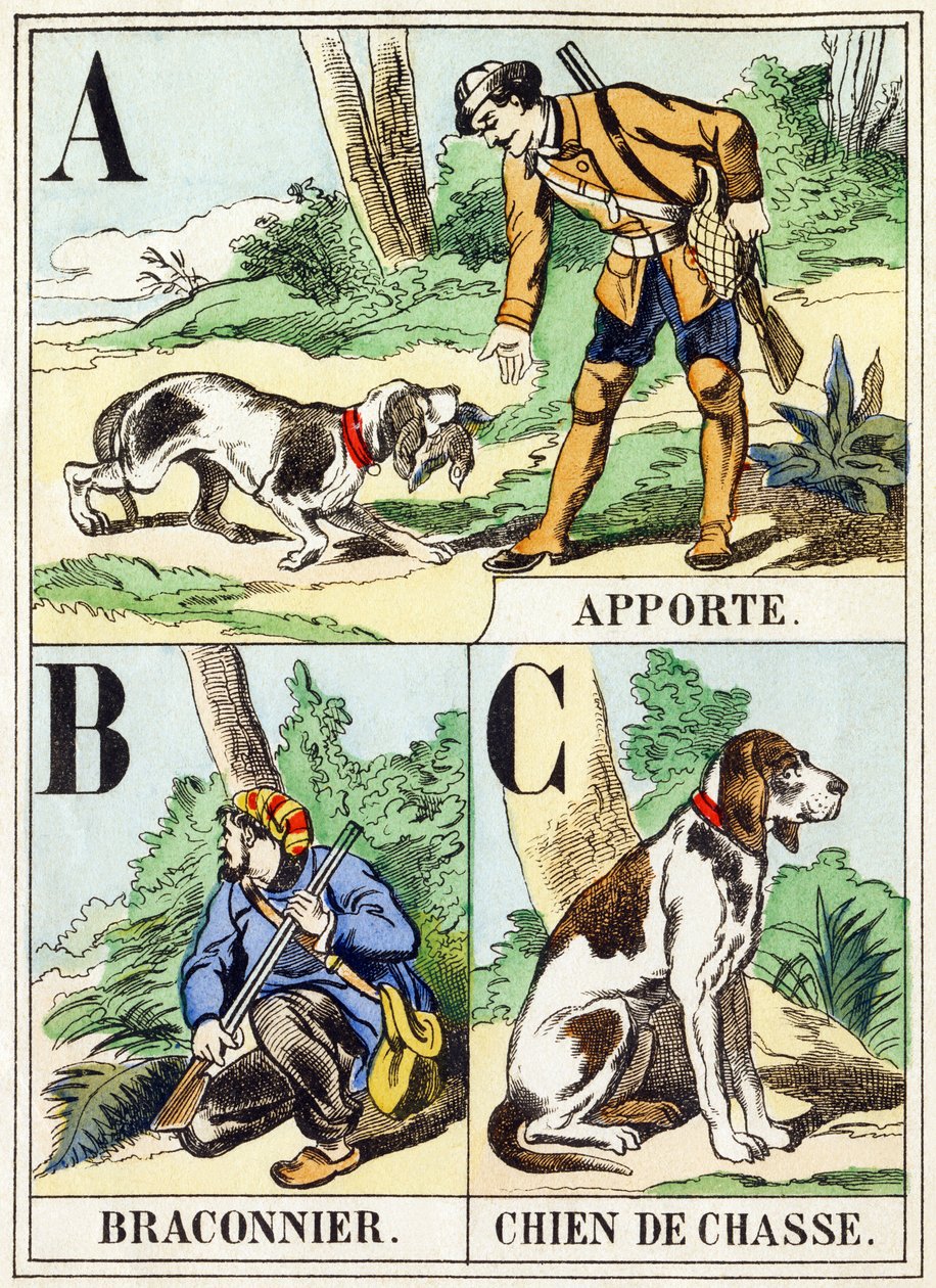 A B C: Bring, Poacher, Hunting Dog - The Hunting Alphabet, c.1890 (carving) 作： 不明