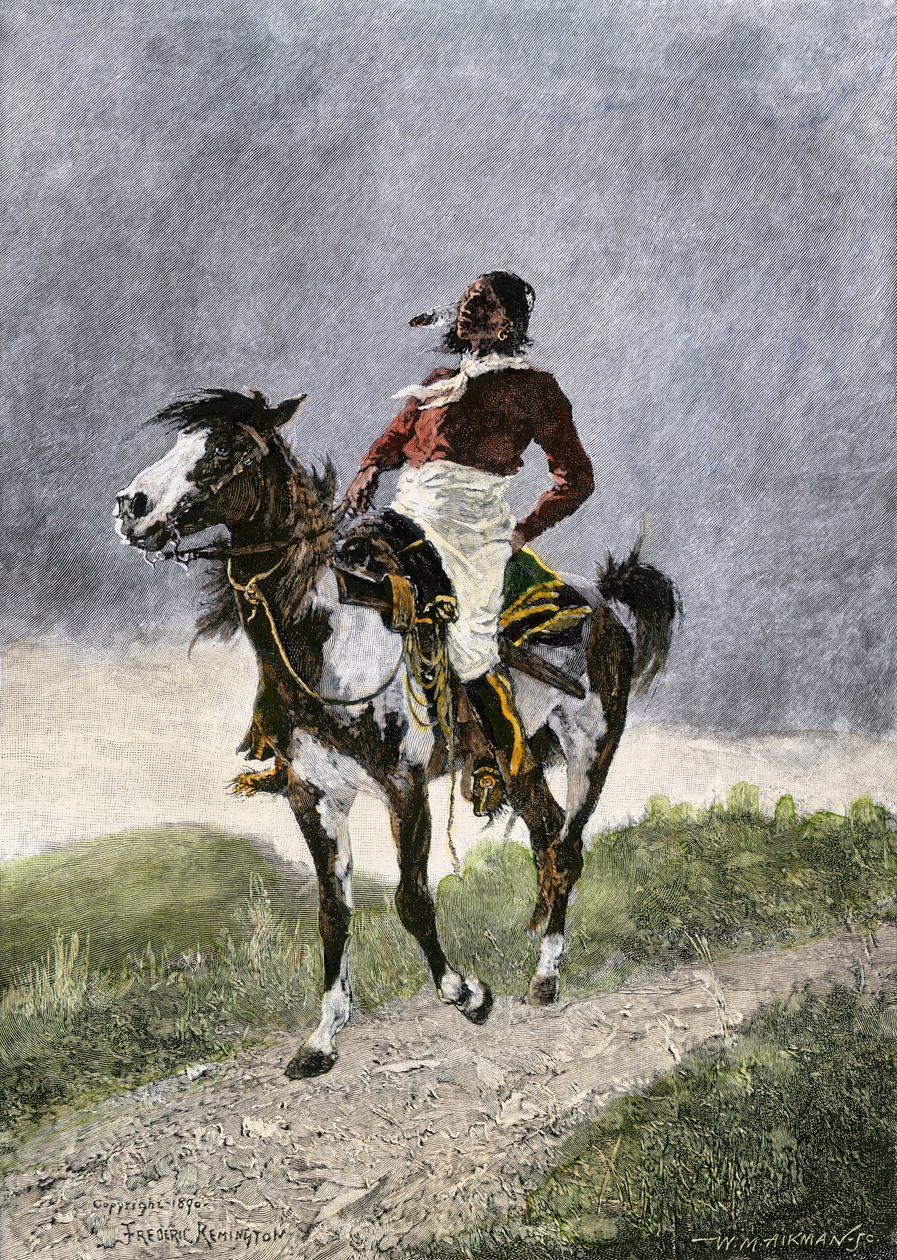 1800年頃、南部の草原地帯（テキサス、オクラホマ、アメリカ）を馬で旅する勇敢なコマンチ族。リトグラフ 作： 無名の画家