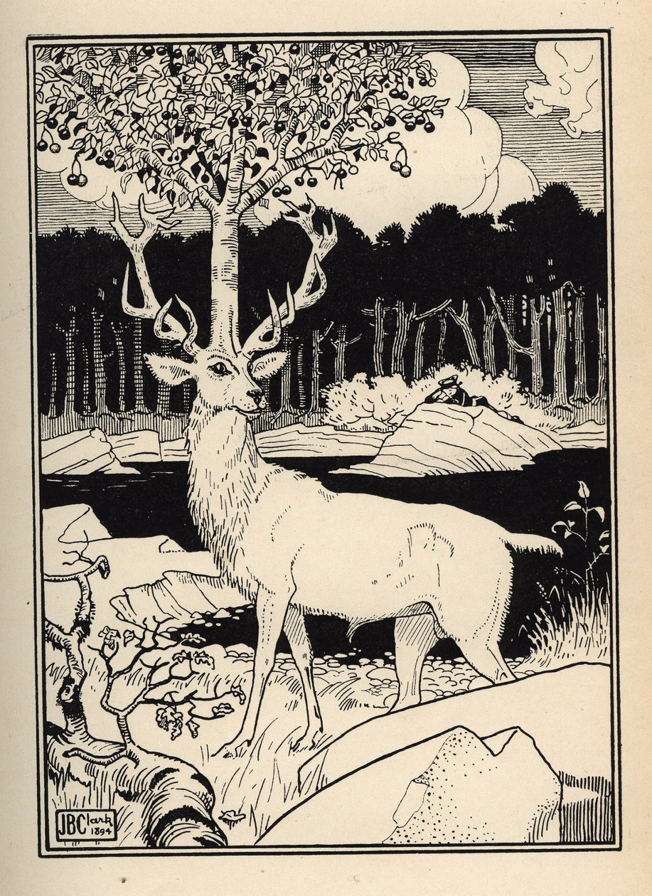ミュンヒハウゼン男爵のさくらんぼの槍の石に触れた鹿の頭の上にあるさくらんぼの木 Rudolf Erich Raspe (1736-)の「ミュンヒハウゼン男爵の冒険」から、William Strang (1859-1921)とJB Clarkがイラストを描いています。 作： 不明