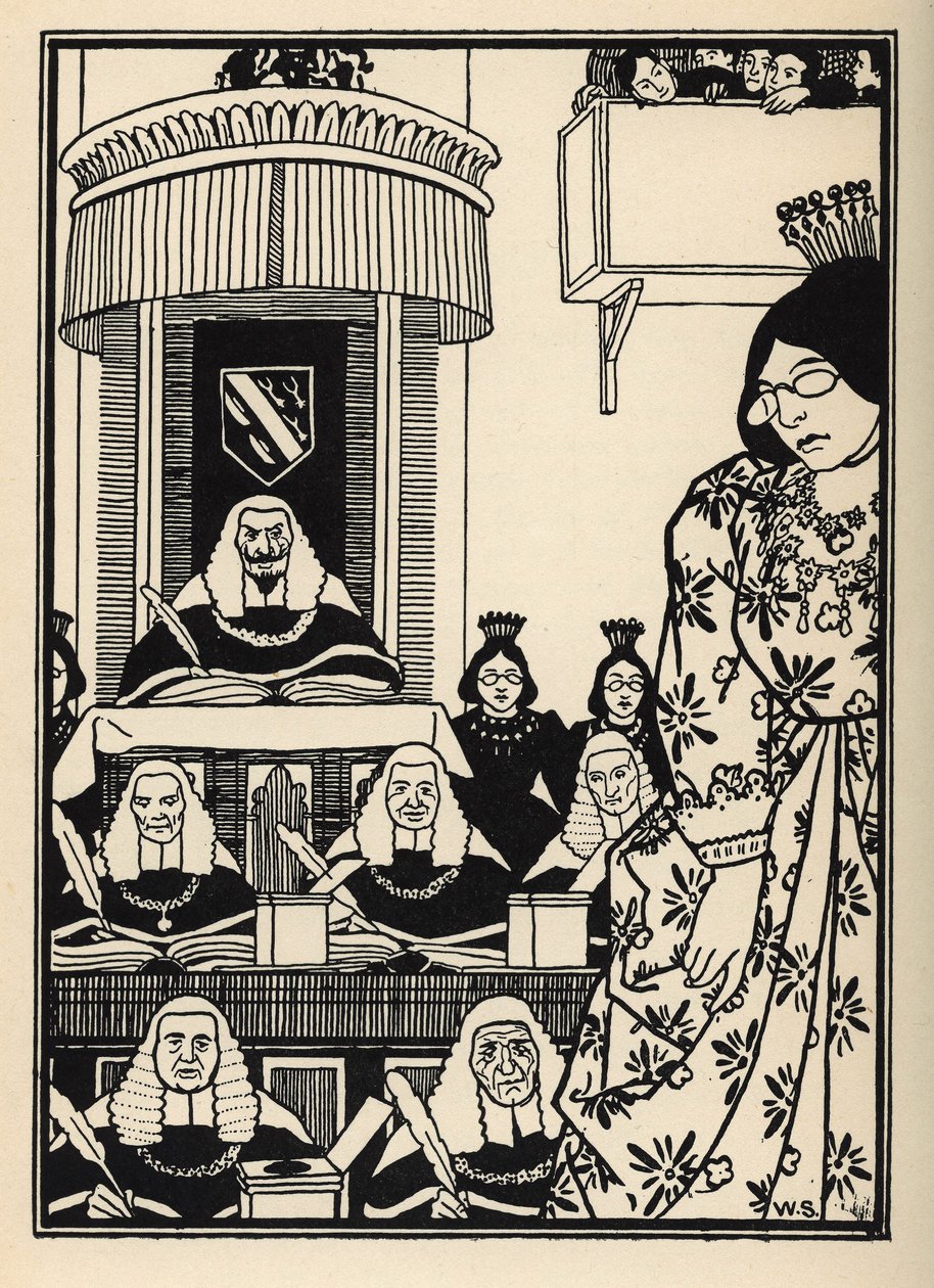 女性の多い宮廷は、男爵にとっては冒険の中でも皮肉に値するもののようだ。Rudolf Erich Raspe（1736-1794）の『ミュンヒハウゼン男爵の冒険』（1789年）からWilliam Strang（1859-1921）とJB Clarkが描いたもの。 作： 不明