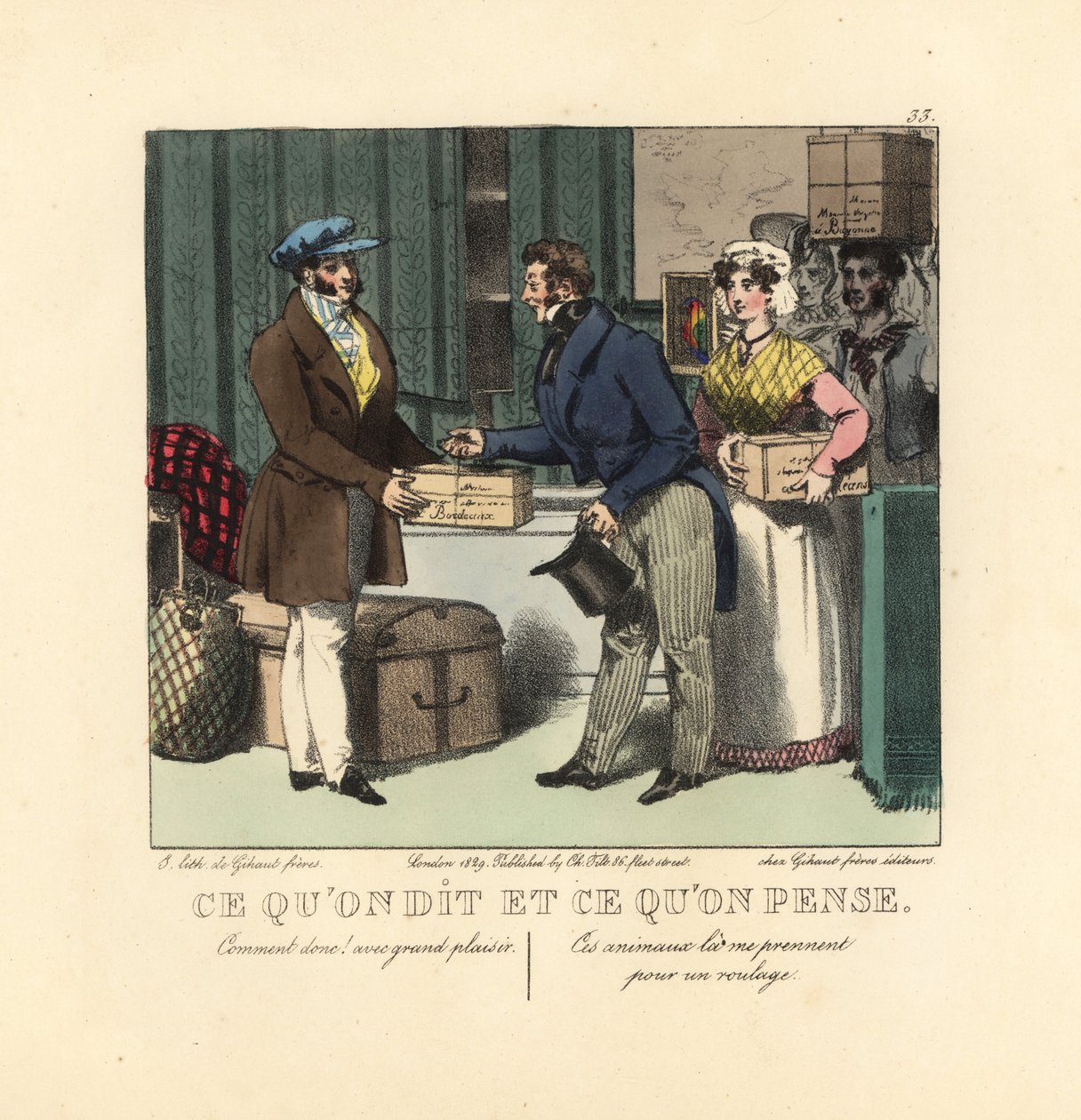 Eine Reihe von Menschen bringt Kisten und Kisten zu einem Träger. Er sagt: Natürlich, mit Vergnügen. Er denkt: Diese Tiere halten mich für ein Förderband! Handkolorierte Lithographie der Gebrüder Gihaut nach einer Illustration des Schweizer Künstlers Jean  von Unbekannter Künstler