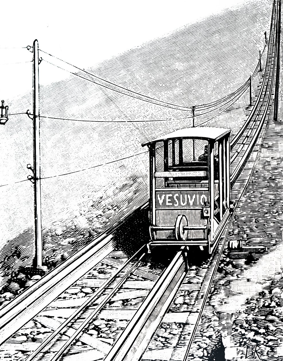 ヴェスヴィオ山のケーブルカーに乗っている車の側面図。 作： 不明