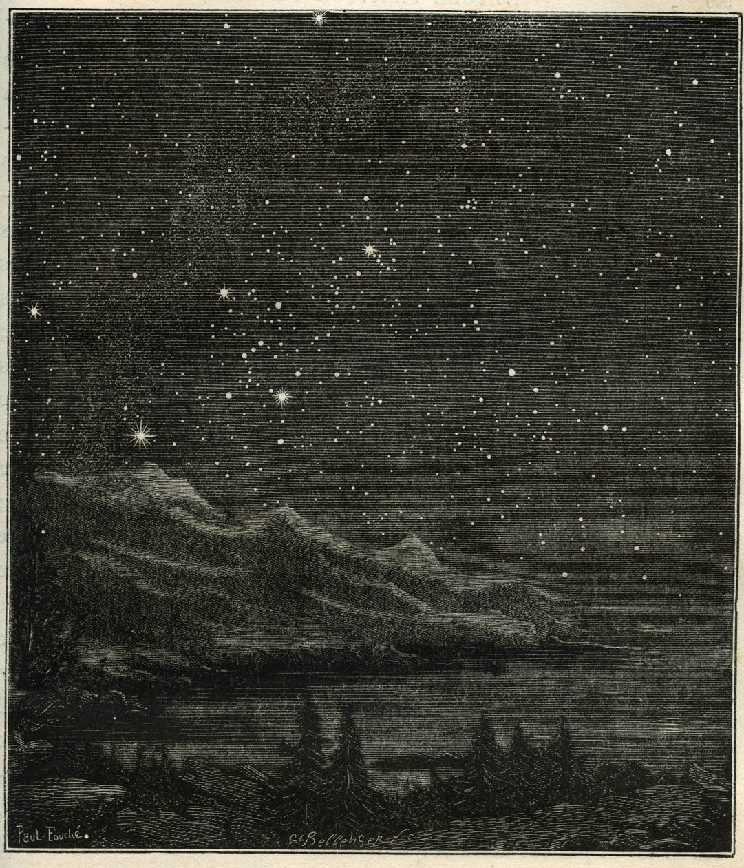 空を観察するのにぴったりの星空。 カミーユ・フラマリオンの「空の星とその他の好奇心」からの彫刻 作： 無名の画家