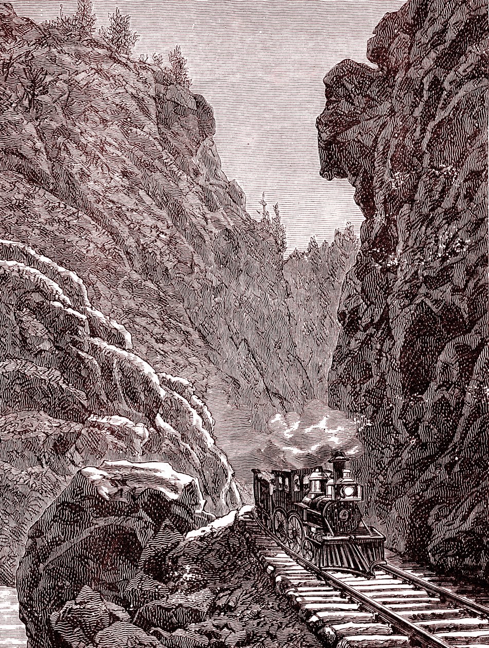 コロラド山脈を横断する列車。1886年のアメリカ（エングレーヴィング） 作： 無名の画家