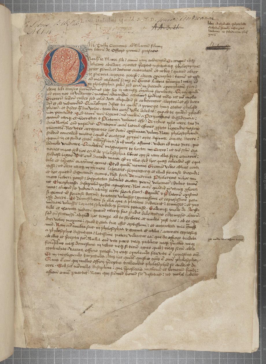 Marcus Tullius Ciceroの哲学作品を1471年のEditio romanaから抜粋したと思われる3つの手による写本に、Archibald Whitelawらの手による余白を加えたもので、1480年頃のもの（羊皮紙にインク）。 作： 不明
