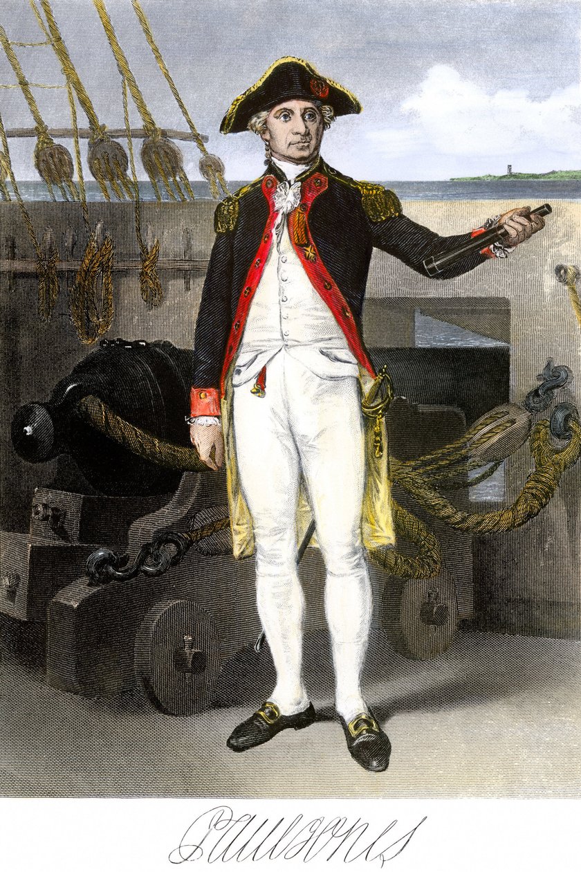 アメリカ海軍ジョン・ポール・ジョーンズ（1747-1791）水兵、アメリカ合衆国独立戦争の英雄。サイン入りカラー・エングレーヴィング。 作： 無名の画家