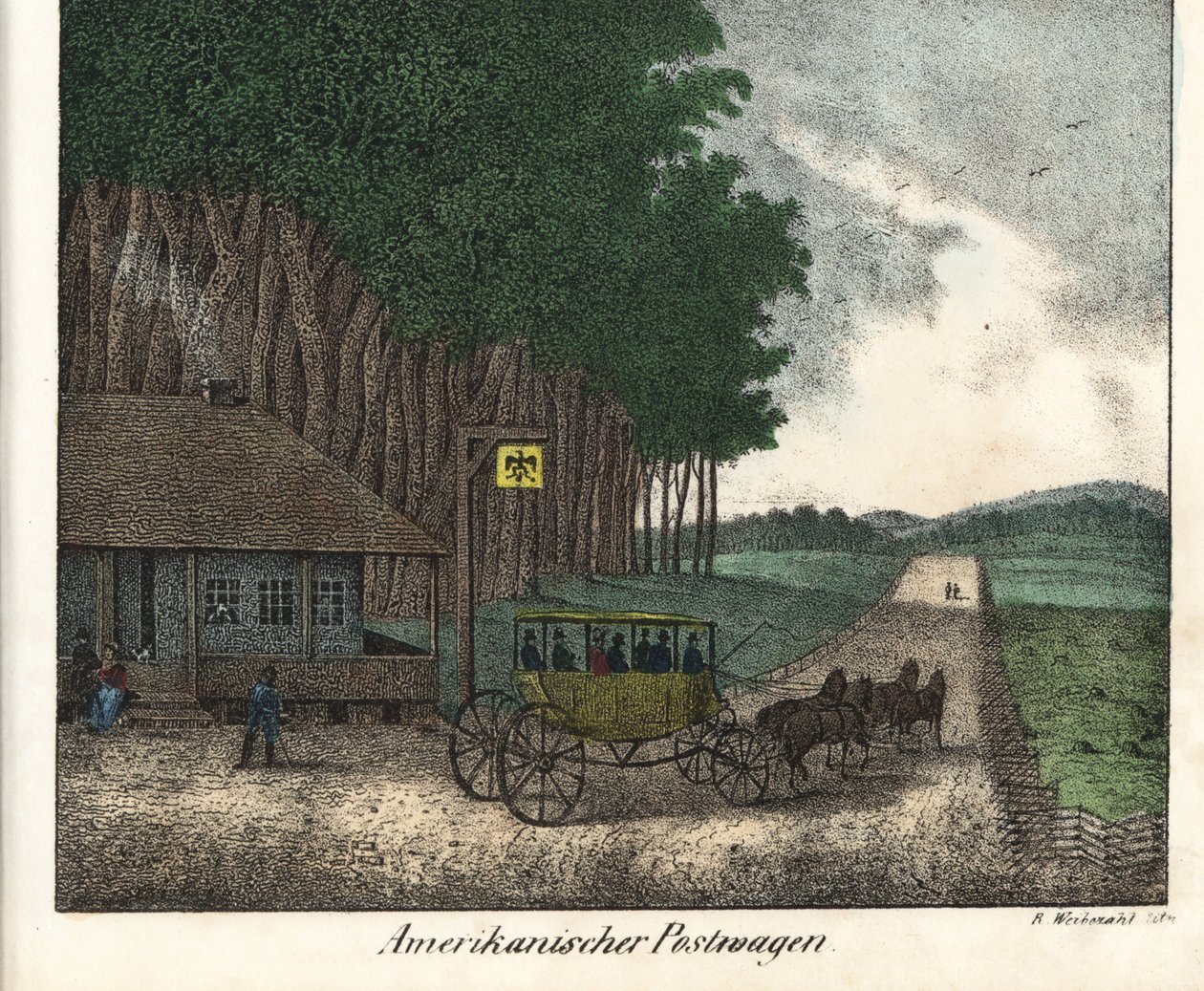 アメリカの郵便局と勤勉さ本のためのリトグラフ：Friedrich Wilhelm Goedsche (1785-1863)作 "Galerie complete en tableaux fideles des peuples d