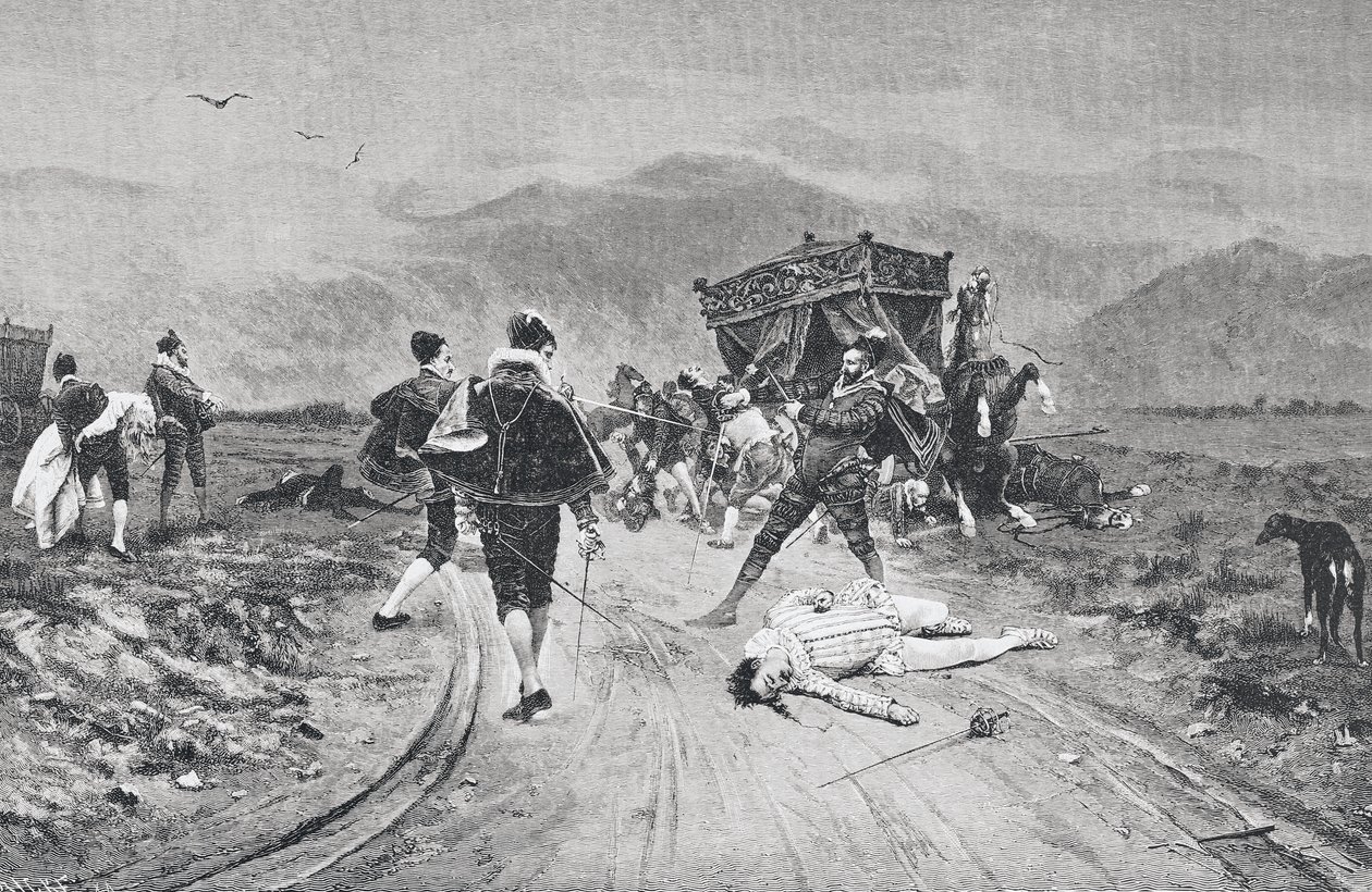 馬車を襲う場面 17世紀中頃 1887年発行の「La Ilustracion Artistica」より 作： 不明