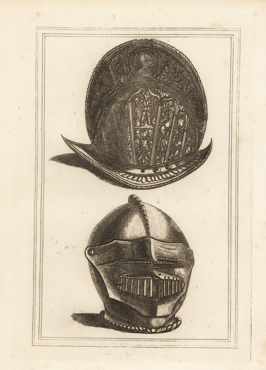 戦利品の装飾が施された古代ヴェネチアのモリオンヘルメットと、ロンドン塔にあったバイザーと飲料が一体化したブルゴネットヘルメット 作： 不明