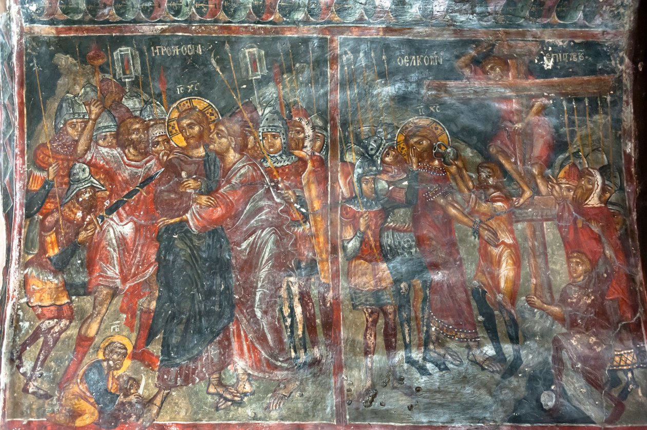 古代のフレスコ画、壁画、ユダの口づけ、イエスの磔刑、パナギア・ソティラス教会、ギリシャ正教会、ルースティカ、クレタ島、ギリシャ、ヨーロッパ 作： 不明