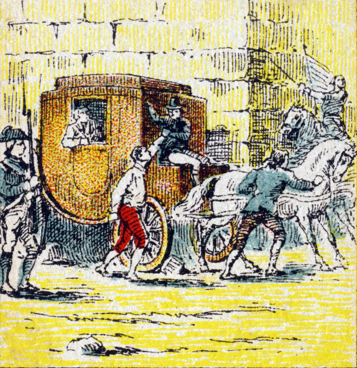 1791年6月21日、ヴァレンヌでルイ16世と逃亡中の家族が逮捕される。Histoire de France」に掲載されたエングレーヴィング。1920年頃、Eysines-a-Bordeaux通り24番地のLouit社のために発行された一連の広告画像。画像全体のサイズ：7.8x5.5cm。 作： 不明