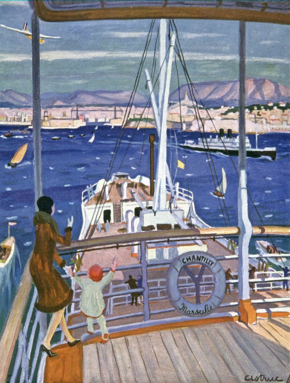1930年頃、マルセイユ港に到着した定期船シャンティイ（イラスト） 作： 無名の画家